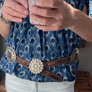 Brown hair on calfskin Leather Concha Belt with Silver and Pearl Accents